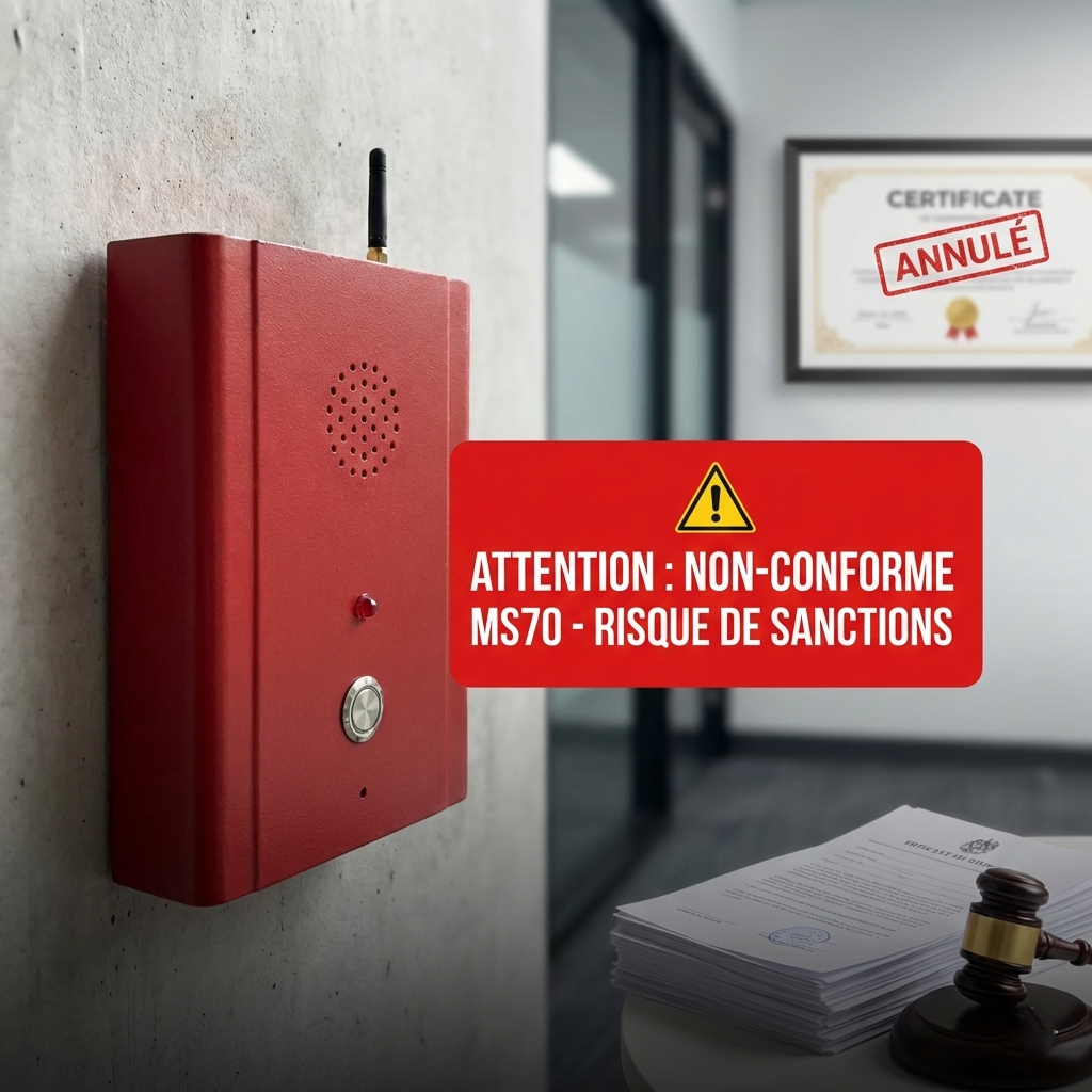 Boîtier d'appel d'urgence ERP avec alerte 'ATTENTION : NON-CONFORME MS70 - RISQUE DE SANCTIONS' et illustration des conséquences juridiques (certificat annulé, marteau de juge).