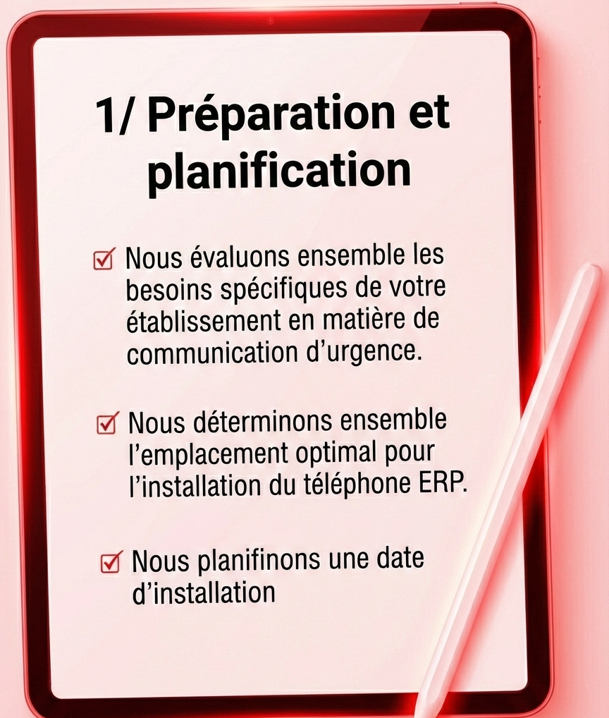 Préparation et planification' avec une check-list pour l'installation d'un téléphone d'urgence ERP.