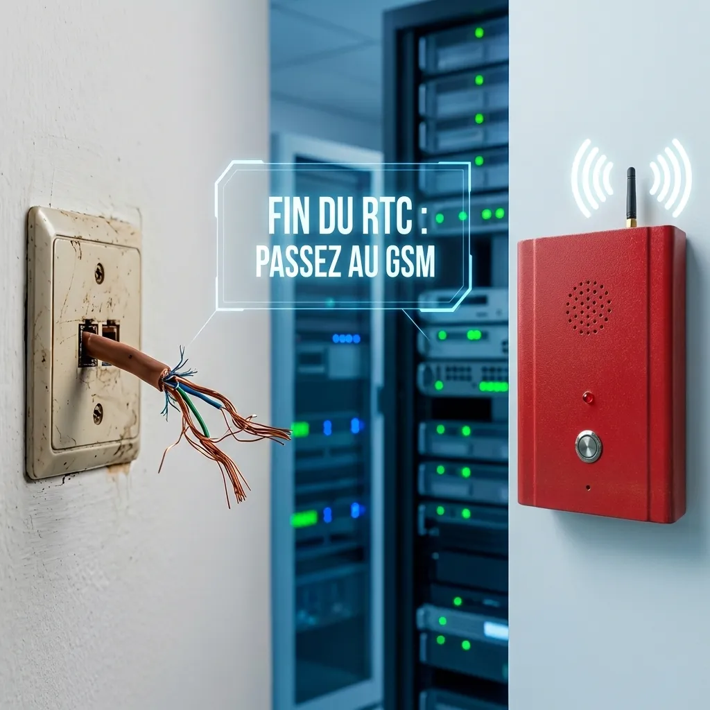 fin du réseau RTC : vieux câble coupé remplacé par un boîtier d'appel d'urgence GSM rouge dans un local technique ERP.
