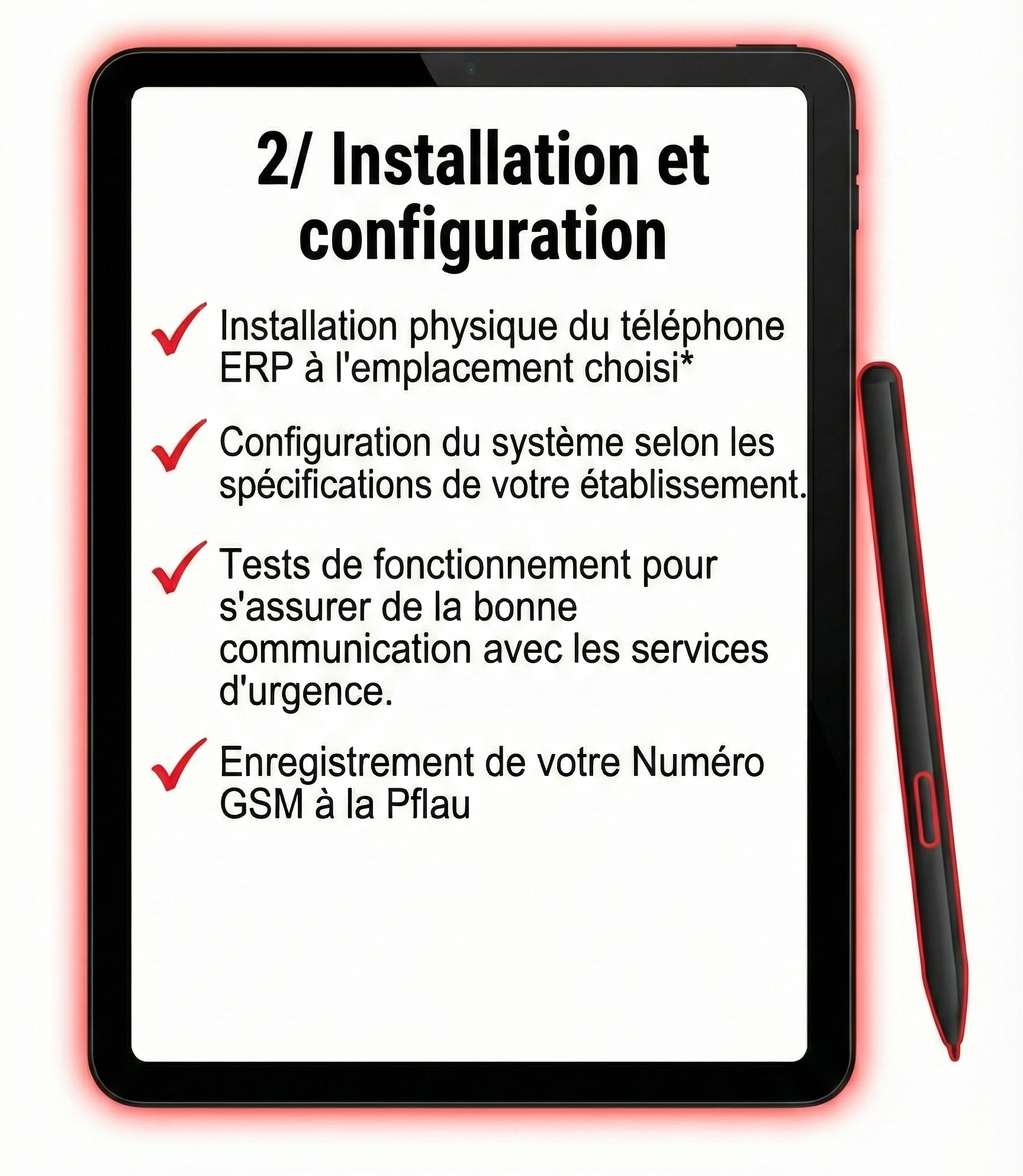 Guide d'installation et de configuration d'un téléphone de secours ERP : pose physique, tests d'urgence et enregistrement GSM.
