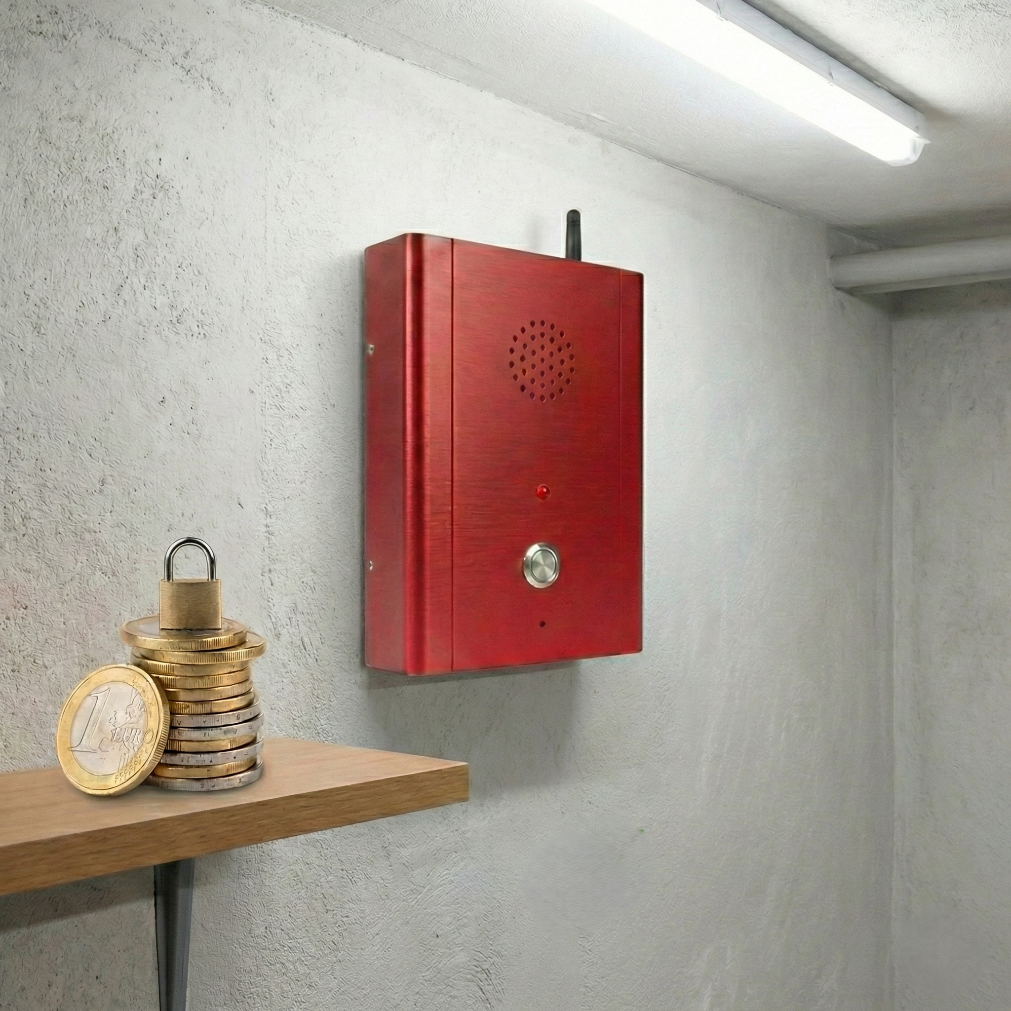 Boîtier d'appel d'urgence GSM mural rouge avec antenne pour sécurité ERP. Présence d'un cadenas sur des pièces et d'une coche verte, symbolisant la conformité économique et technique