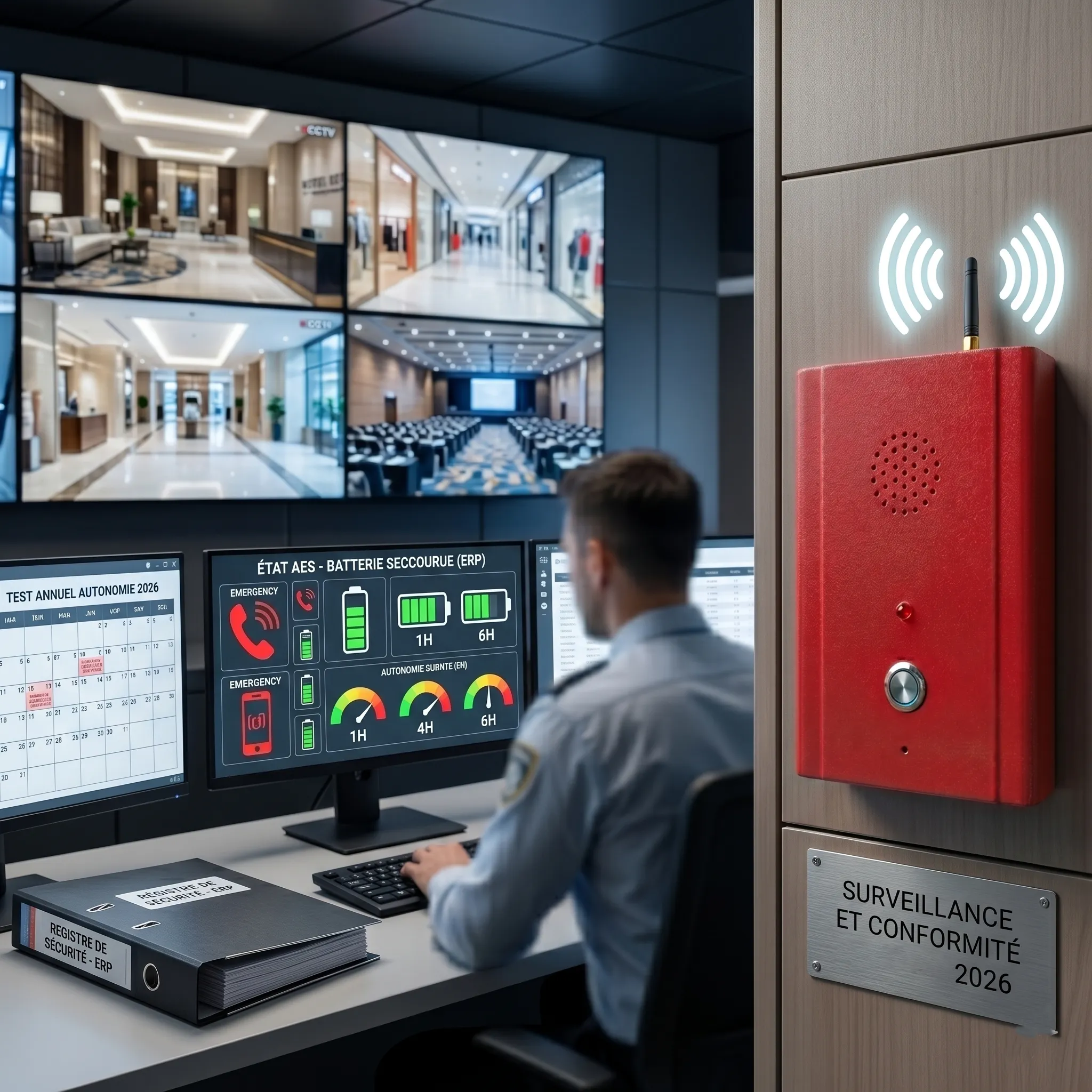Borne d'appel d'urgence GSM 4G rouge dans un poste de sécurité ERP, avec écrans de contrôle de l'autonomie des batteries AES (1h et 6h) et registre de sécurité PFLAU