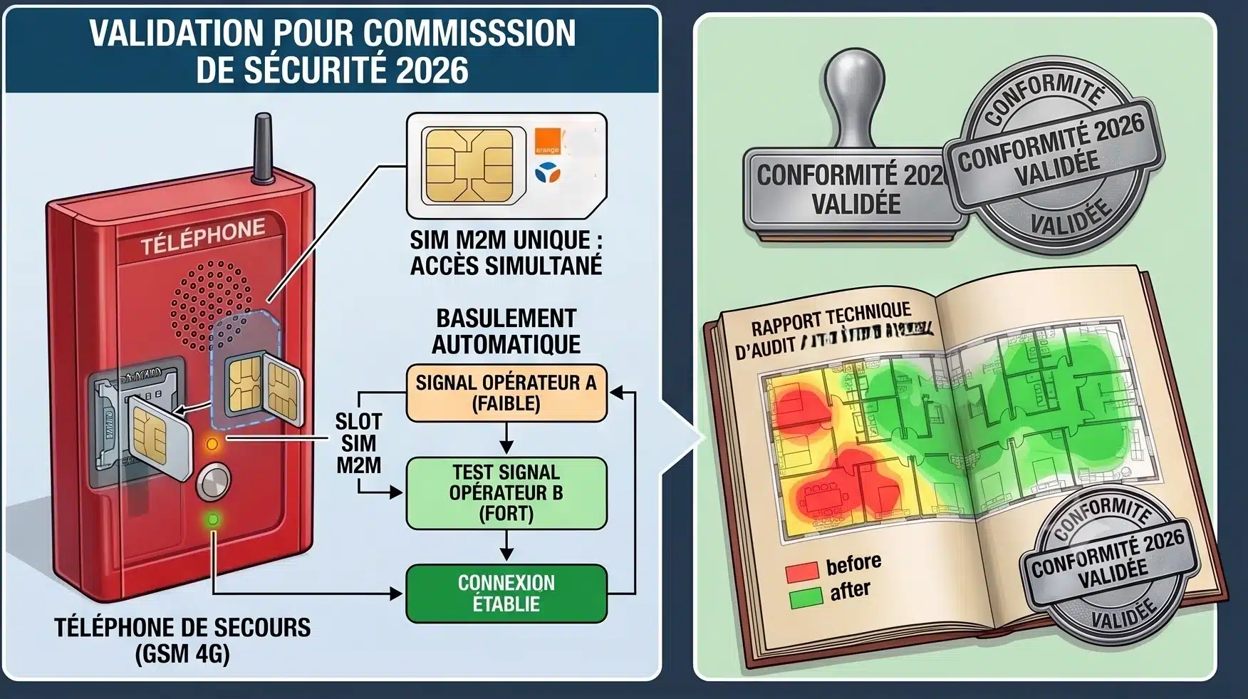 LA COMMISSION DE SÉCURITÉ ET LA VALIDATION DU DISPOSITIF GSM 4G ». L'ensemble évoque un dossier de conformité réussi."
