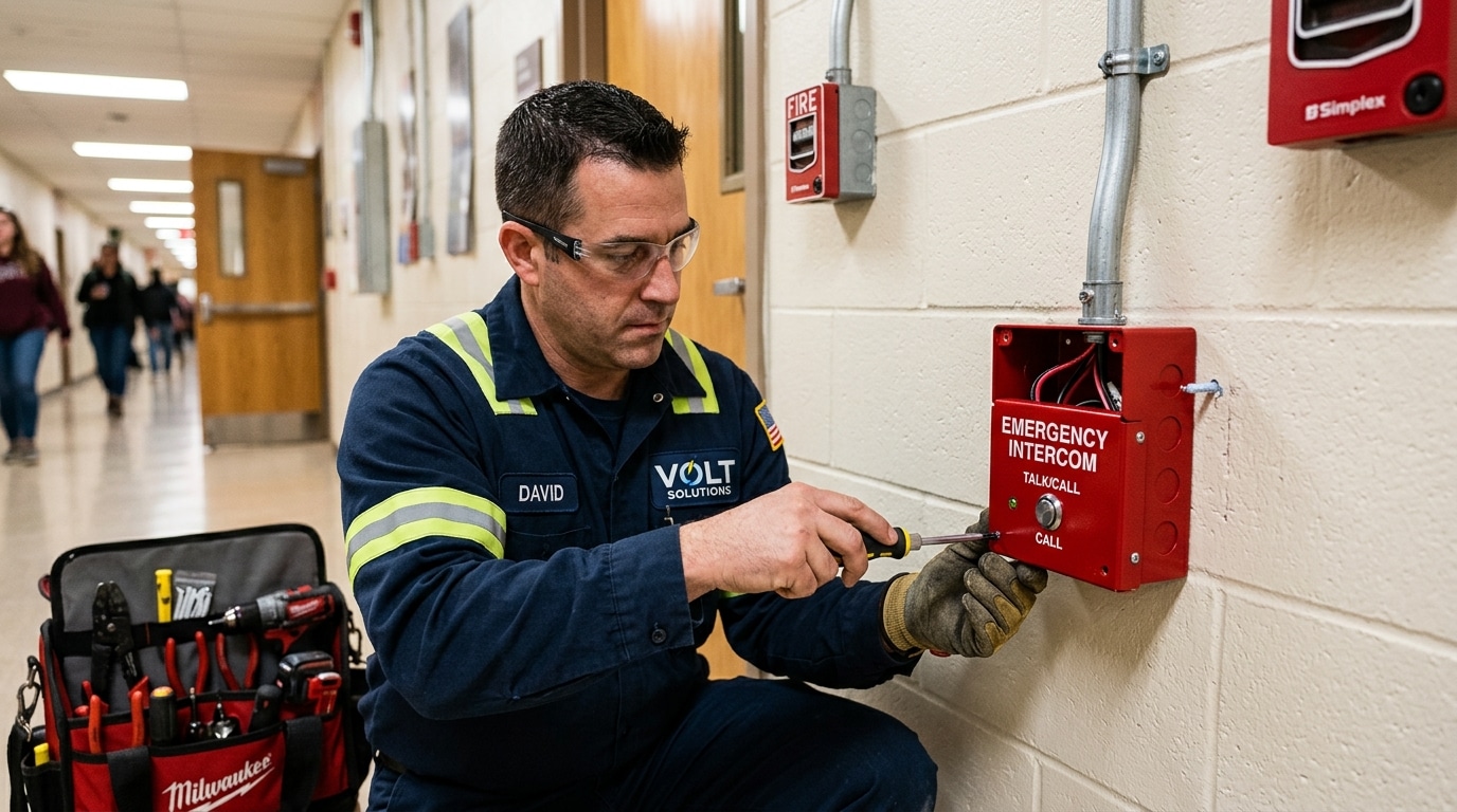 Technicien installant une borne de secours ERP